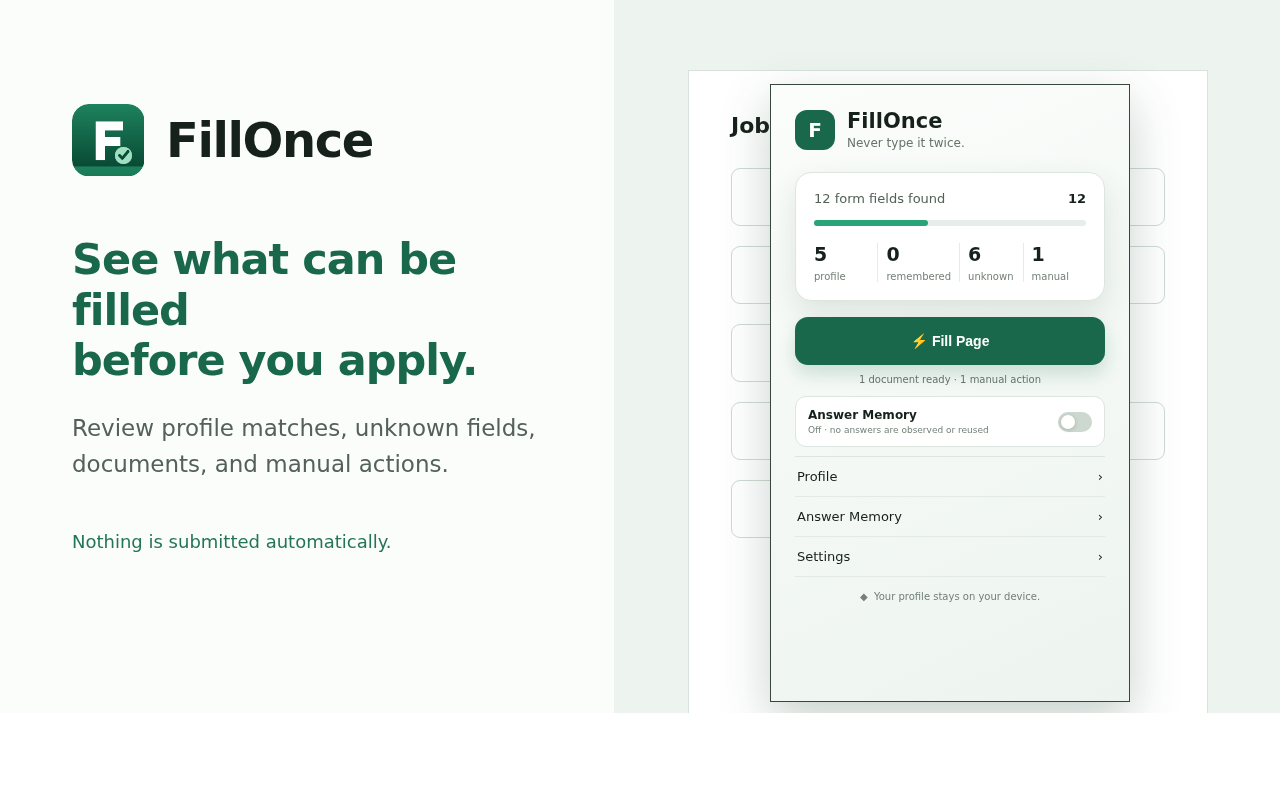FillOnce extension popup reviewing a job application form